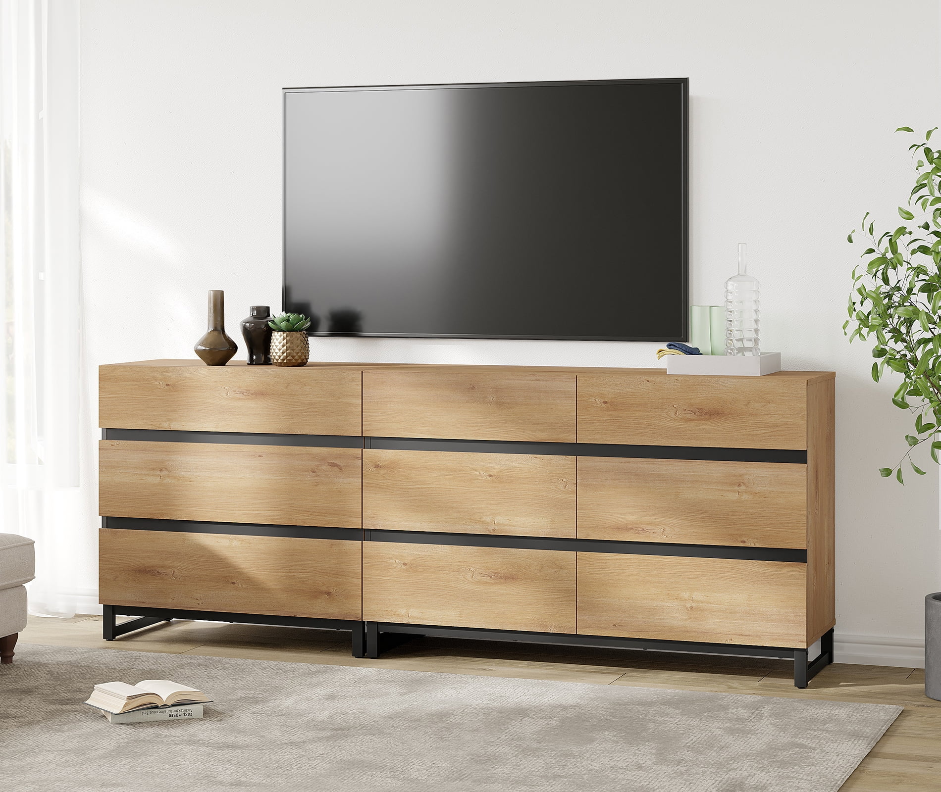 Modern TV Stand For Tvs Up To 90 Inches, 2 In 1 TV Console With 9 Drawers, Media Console With Adjustable Shelf For Living Room, Bedroom,Oak
