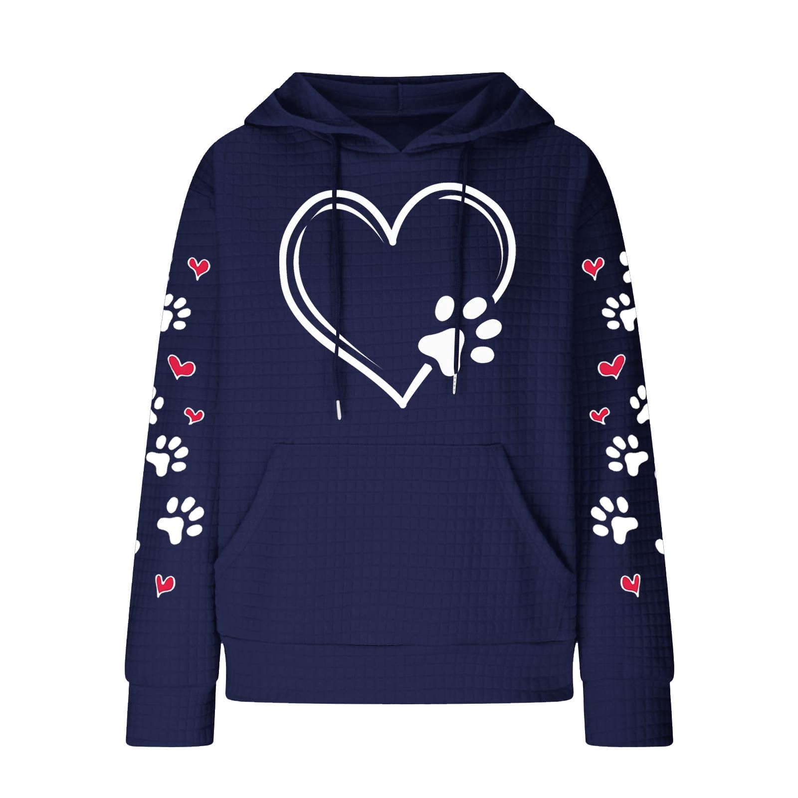 Cute Dog Paw Print Hoodies for Women Casual Oversized Waffle Hooded Sweatshirts Comfy Fall Winter Pullover Tops for Going Out