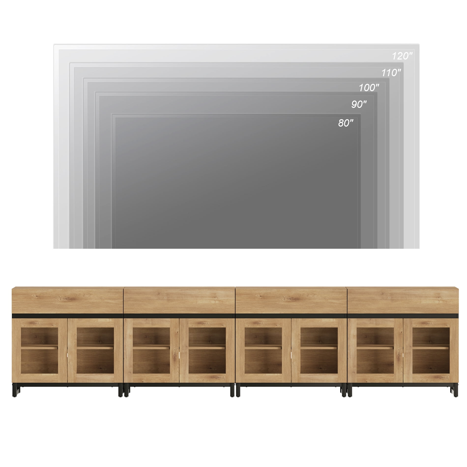 4 in 1 Extra Long Modern TV Stand with Glass Doors, Combination Entertainment Console with 4 Drawers and Stable Metal Base, Fit for 120 Inch Large TVs, Oak Finish for Living Room