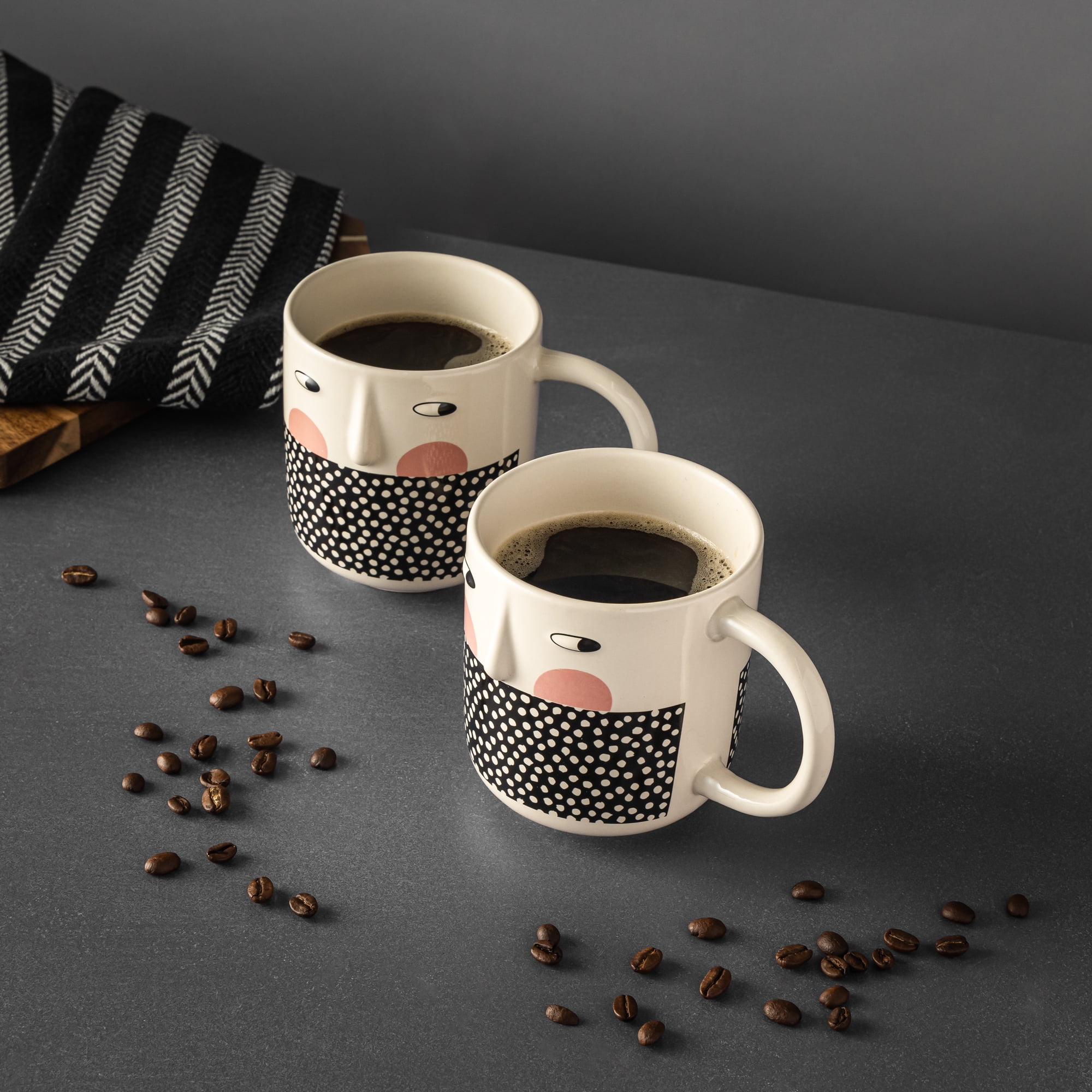 Thyme & Table Cheeky Faces with Dots Stoneware Mugs, 2-Pack, 16.2 fl oz