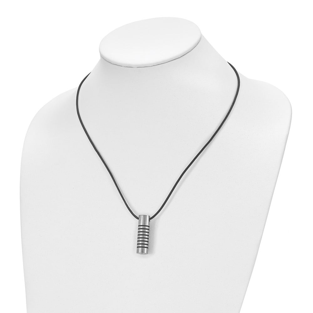 Diamond2Deal Stainless Steel Brushed and Polished with Black Rubber Cylinder on an Leather Cord Necklace for Men 18"