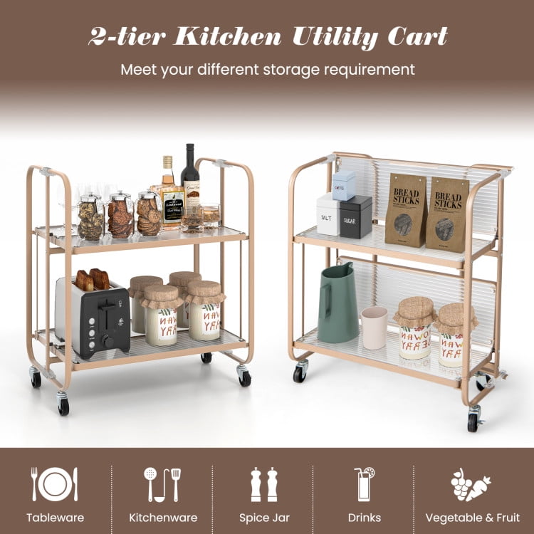 Finihen Rolling Cart, Kitchen Island Cart, 2-Tier Mobile Serving Cart with Tempered Glass Shelf, for Kitchen, Dining Room, Golden Finihen Rolling Cart, Kitchen Island Cart, 2-Tier Mobile Serving Cart with Tempered Glass Shelf, for Kitchen, Dining Room, Golden