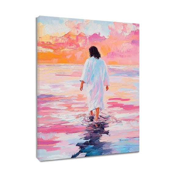 NEONWE Jesus Walks on Water Canvas Wall Art Pink Sky Sunset Religious Christian Prints Posters Living Room Decor Modern Home Art Bedroom Bathroom Office Wall Decor, 12x12 Inches