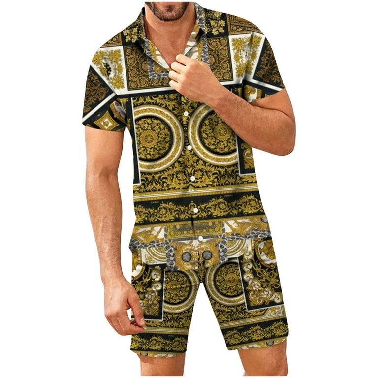 Mens Vintage 2 Piece Outfit Summer Short Sets Short Sleeve Button Down  Shirt Hawaiian Beachwear