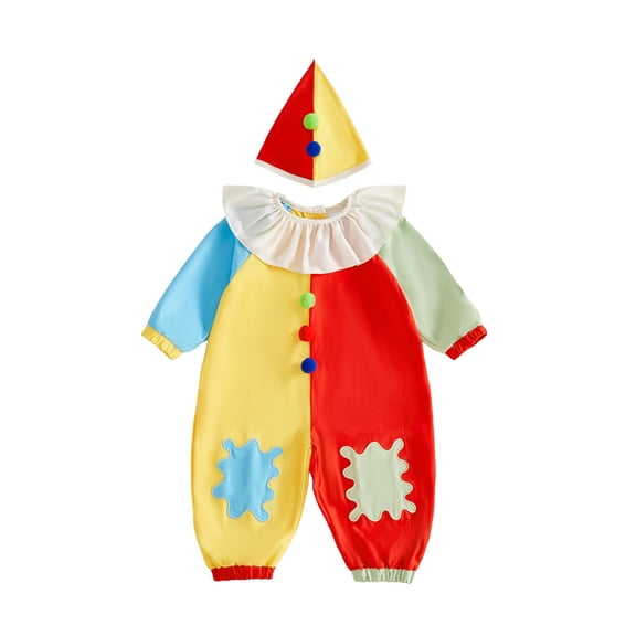 Cjfdfy Toddler Baby Boy Girl Halloween Clown Costume Outfit Contrast Color Long Sleeve Ruffle Collar Jumpsuit And Hat Cute My First Halloween Party Clothes 6M-5Y
