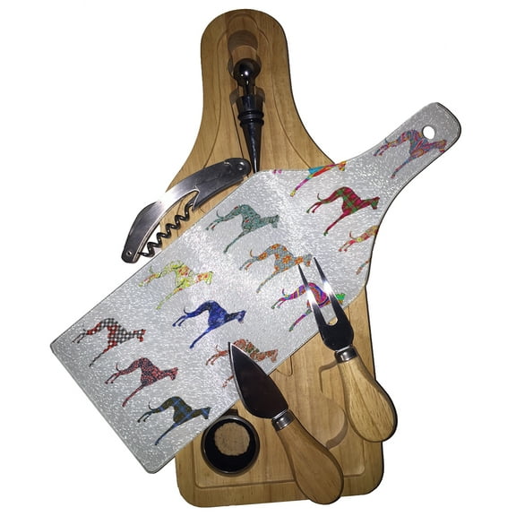 KuzmarK Wine & Cheese Glass Cutting Board Wood Box Gift Set - Greyhound Dog