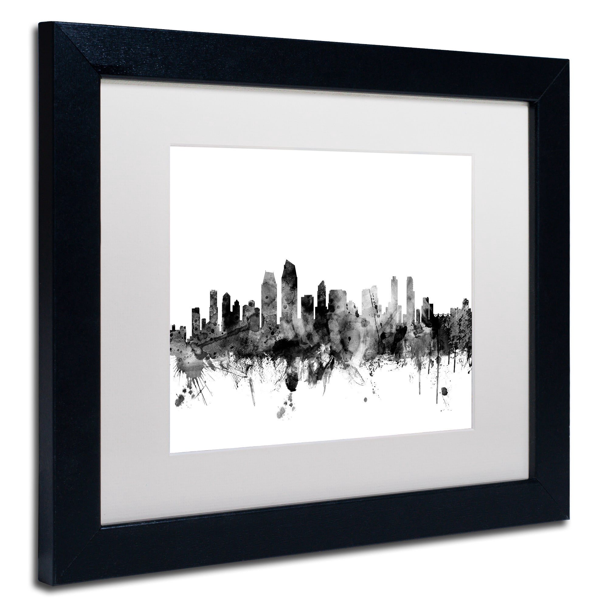 Trademark Fine Art "San Diego CA Skyline B&W" Canvas Art by Michael Tompsett, White Matte, Black Frame