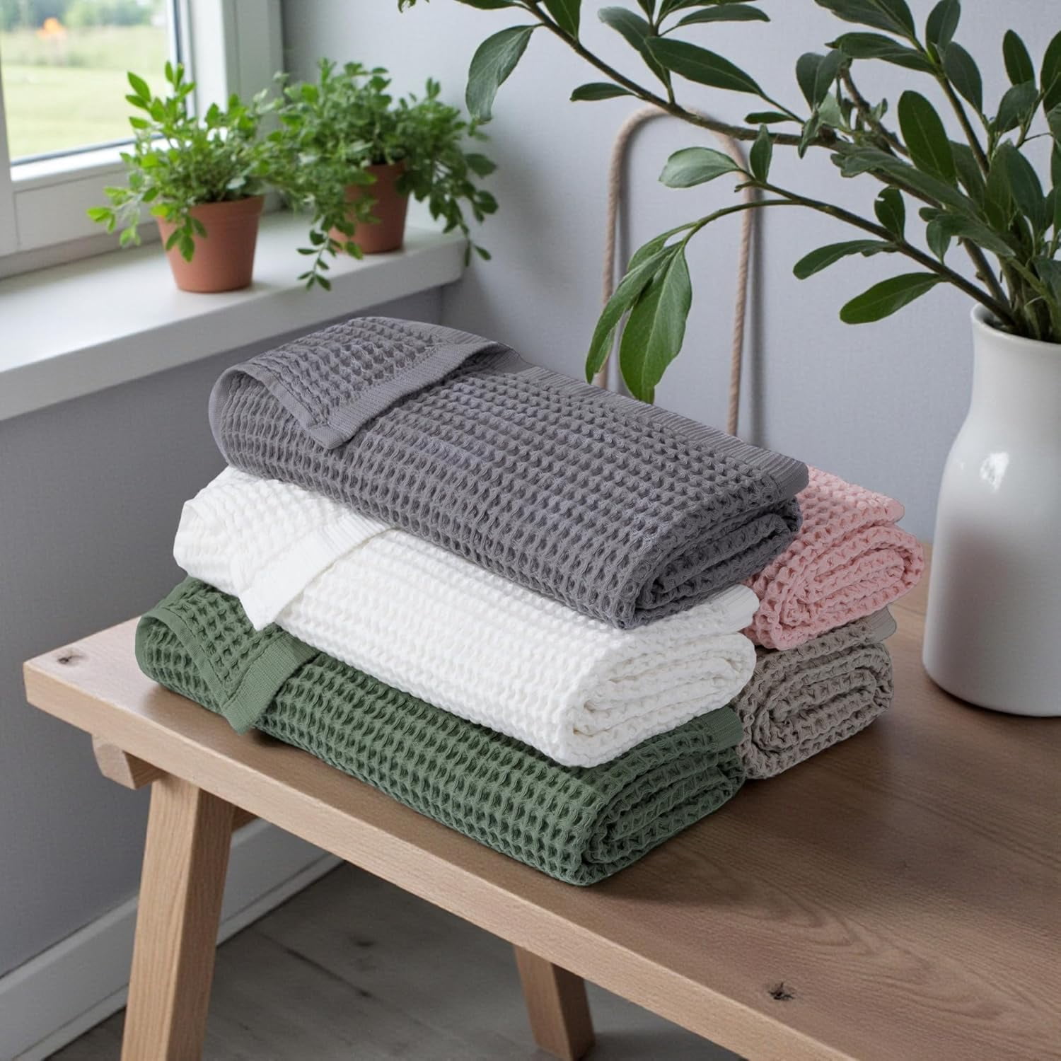 DEMMEX Organic Cotton Waffle Weave Turkish Towel Set for Bathroom, 100% Oeko-TEX Certified Super Soft Turkish Cotton, Lightweight & Quick Dry, 1 Bath & 2 Large Hand Towels, 30x60/20x30 in., Gray