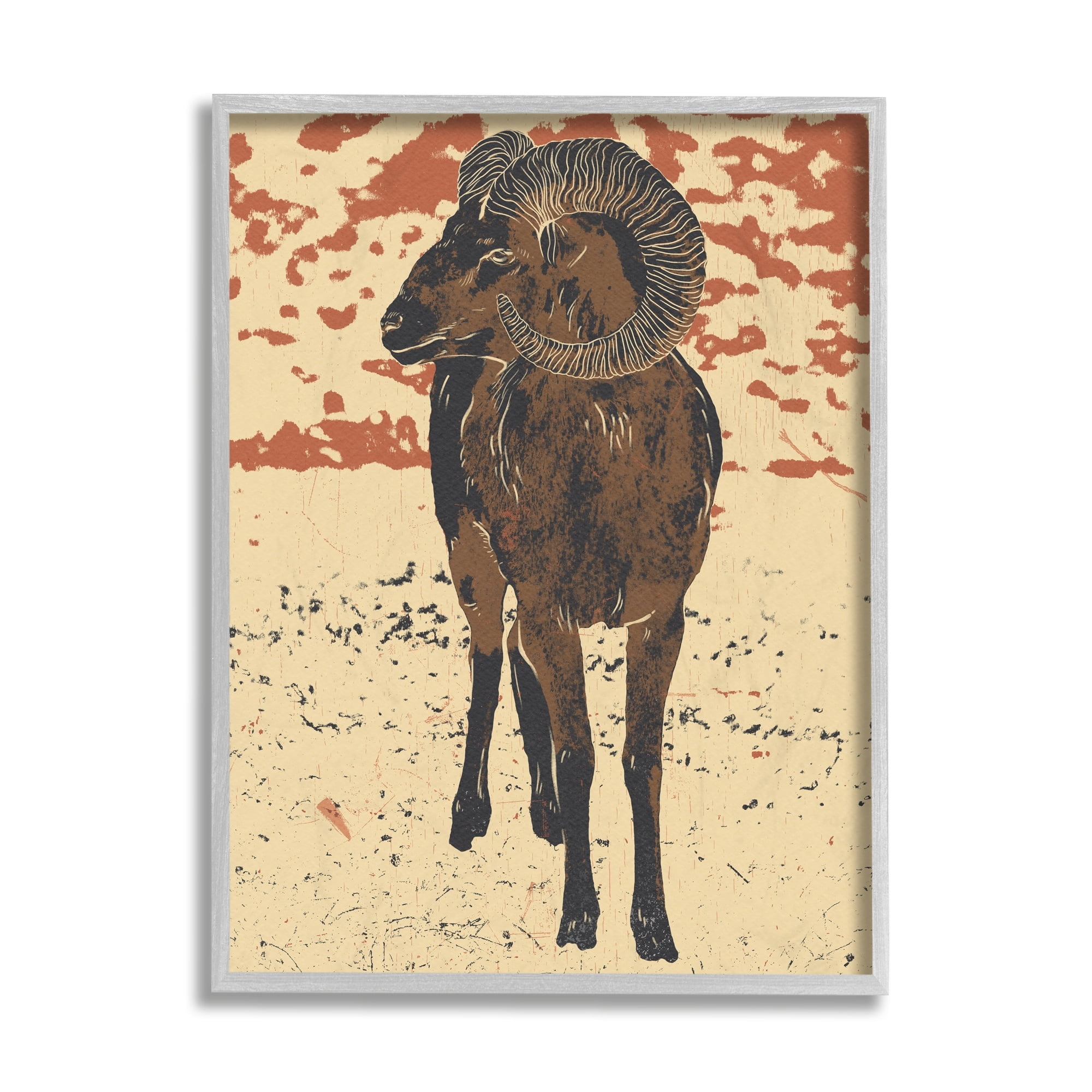 Stupell Industries Abstract Vintage Ram Round Animal Horns Gray Framed by Ziwei Li