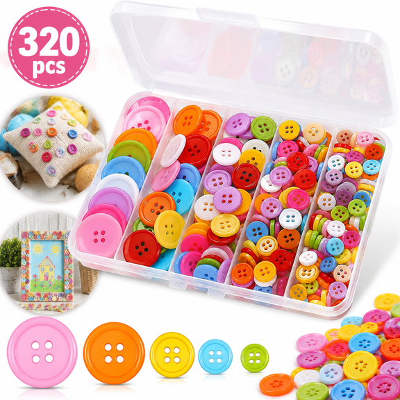 Genreen 320 pcs Colorful Buttons for Crafts DIY, 5 Size Buttons for Sewing Flatback Button Bulk with Box 4 Holes Assorted Button for Crafts and Decoration (9-25mm)
