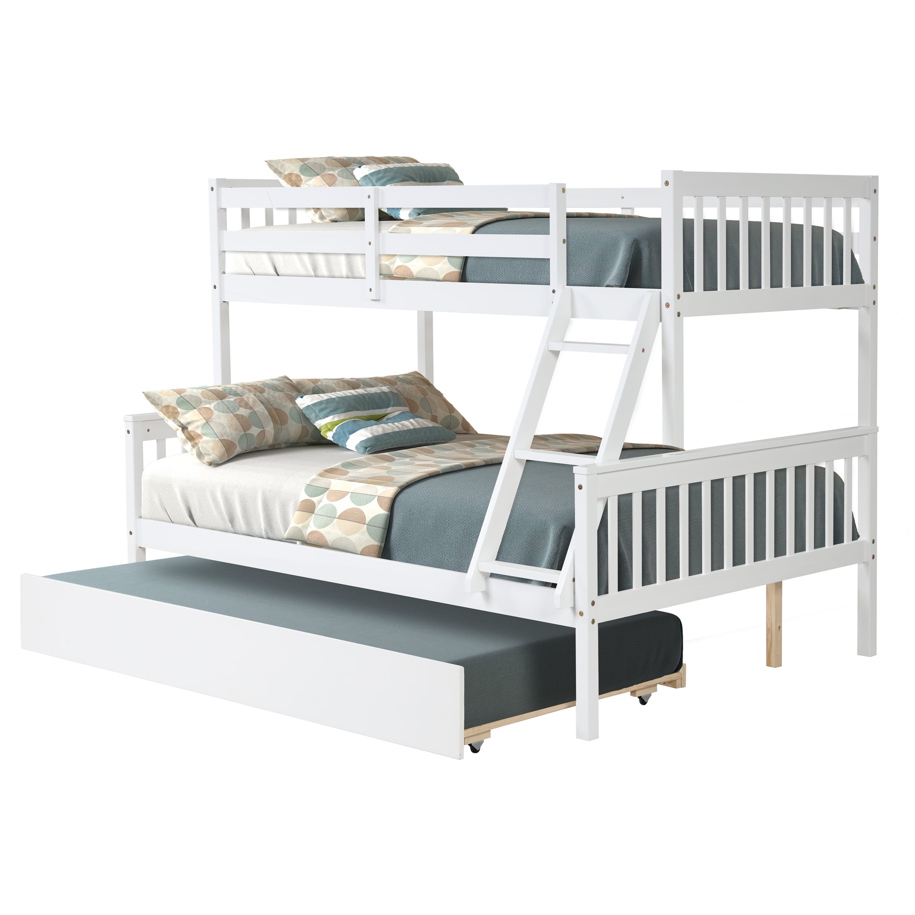 Heavy Duty Twin Over Full Bunk Bed Frame with Safety Rail and Trundle