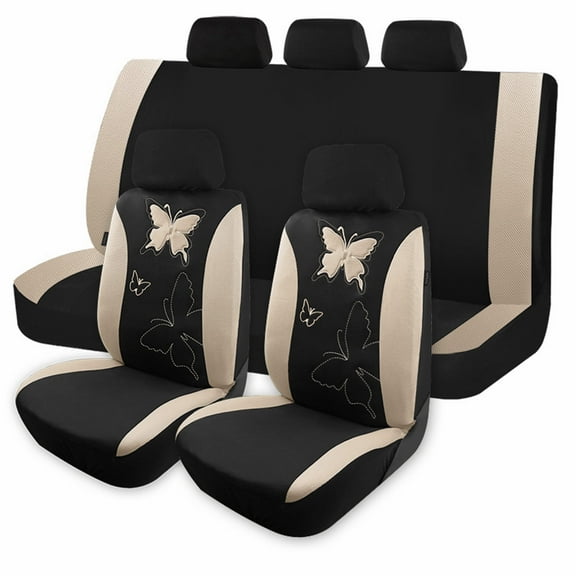 OTOEZ Butterfly Car Seat Cover, Breathable Cloth 5 Seats Full Set for Front & Rear Seat Protector, Universal fit Most Honda Toyota Chevy Ford Nissan Truck SUV, Beige