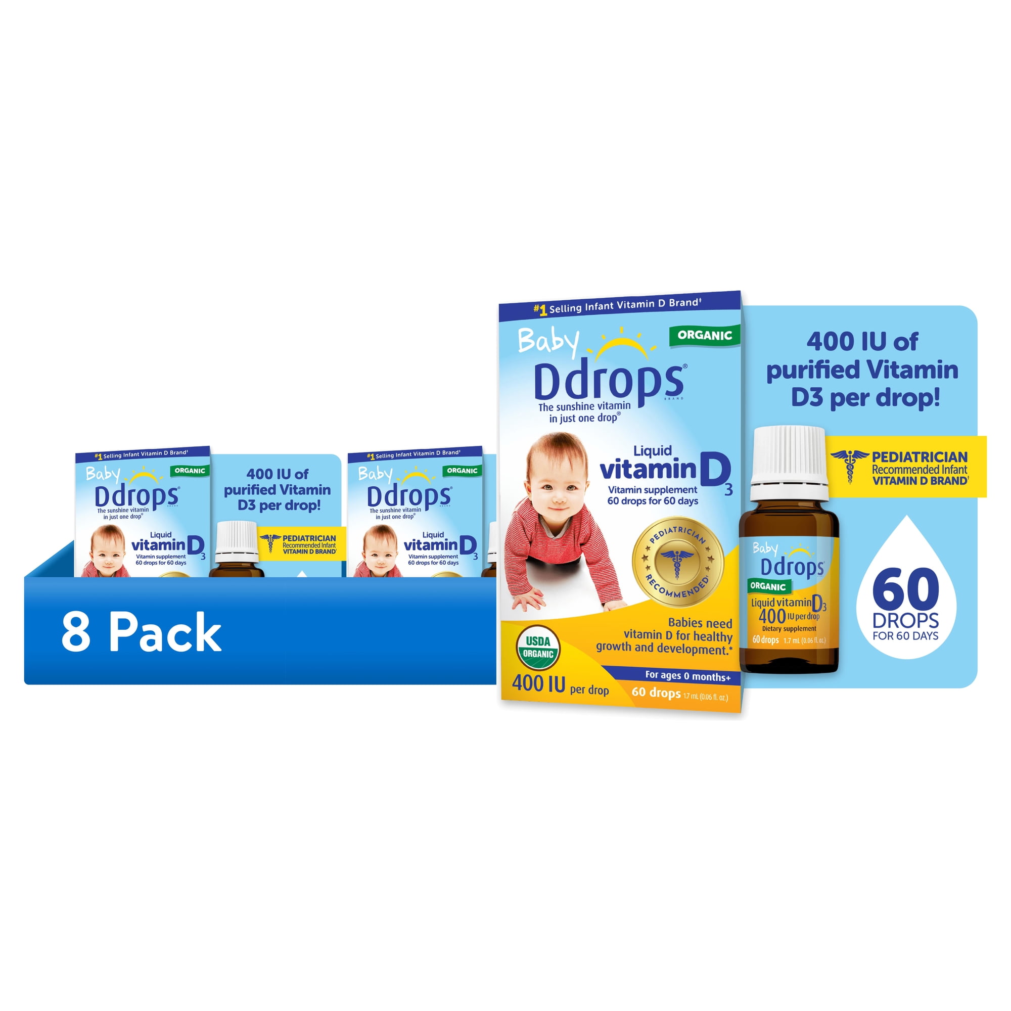 (8 pack) Baby Ddrops Liquid Organic Vitamin D3 Supplement Drops, 400 IU per Drop, 0.06 fl oz