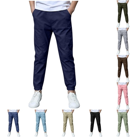 WhouRiu Boys Casual Pants Solid Color Loose Elastic Waist Straight Leg Trousers Kids Lightweight Breathable Everyday Wear,4-5 Years
