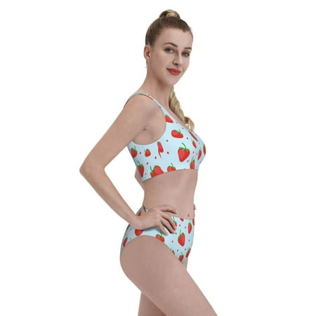 Goofa Strawberry Pattern High Waisted Bikini Set - Two Piece Swimsuit for Women  Summer Bathing Suit Trendy Swimwear-Large