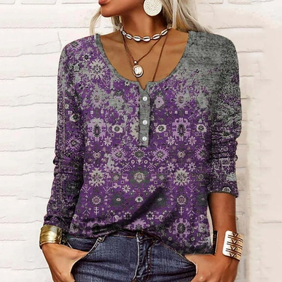 Spring Tops for Women Womens Tops under $5 Fall Clothes New Trendy Women's Round-Neck Button up Long Sleeve Print Casual T- Shirt Blouse Tops Purple L