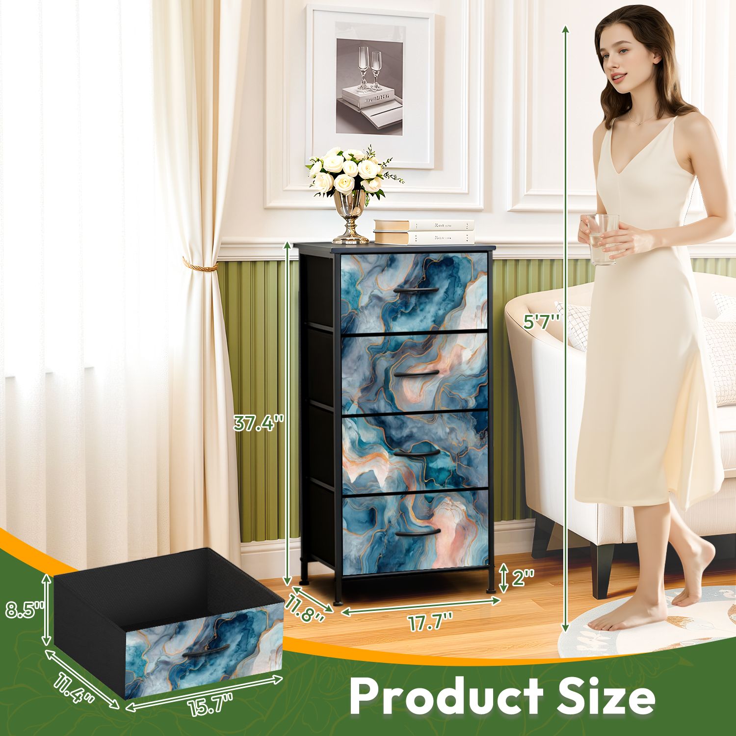 4 Drawer Vertical Storage Dresser Marble Alcohol Ink Marble watercolor seamless banners posters with Wood Top Fabric Pull Drawers