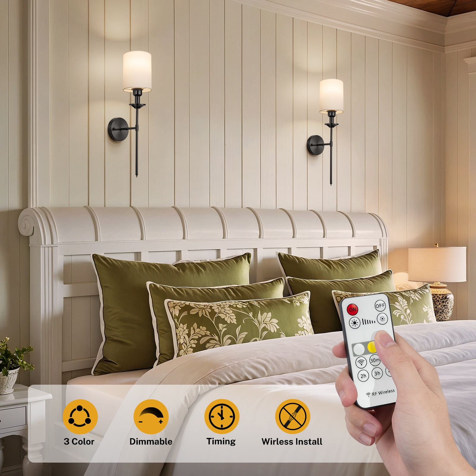 Battery Operated Wall Sconce Set of Two, Dimmable Wireless LED Wall Lighting Fixture with Remote, 13000mAh Modern Wall Lights with Fabric Linen Shade for Indoor Bedroom, Living Room, Hallway