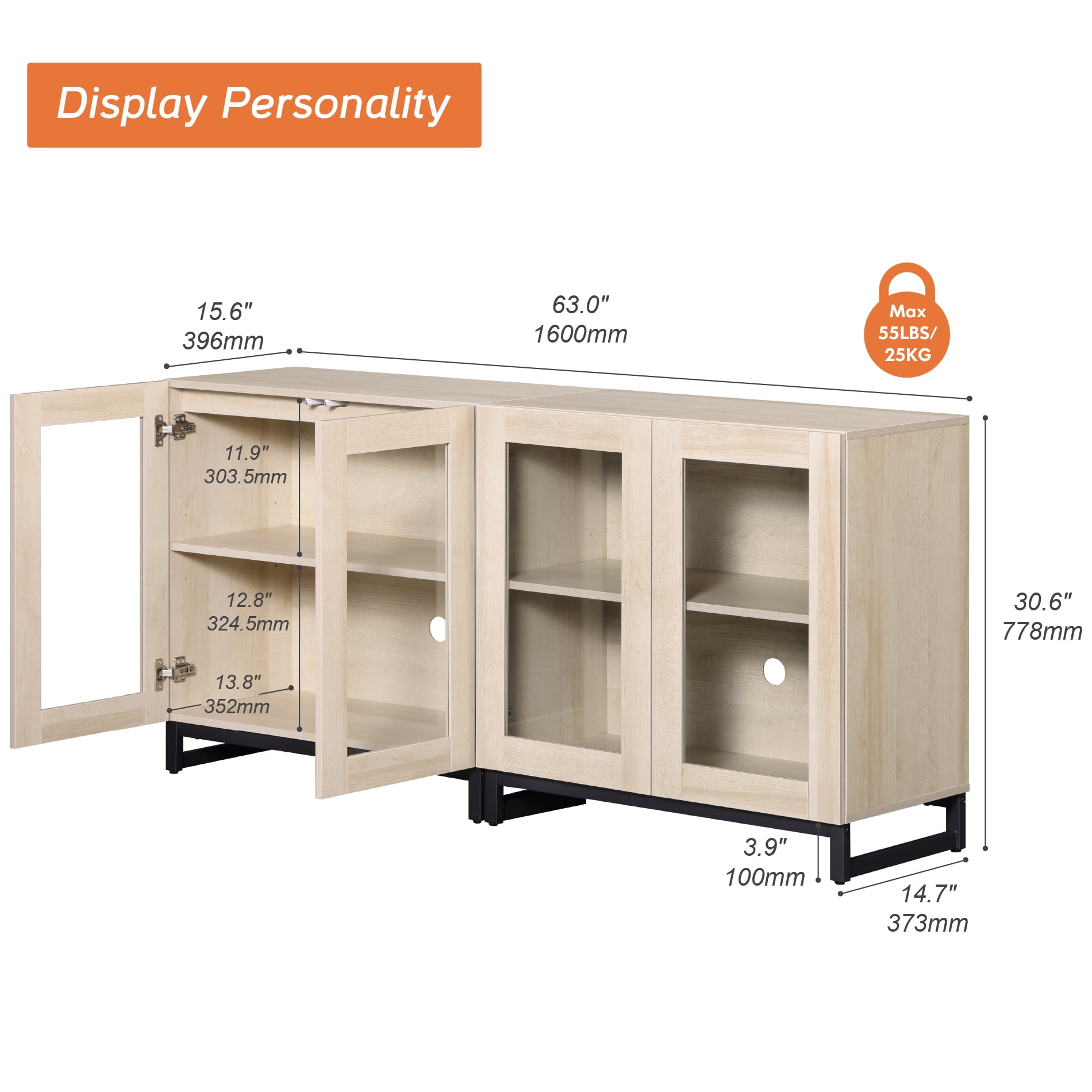 WAMPAT 63 Inch TV Stand with Glass Doors for 32-70 inch TVs, Modern Entertainment Center TV Console with Adjustable Shelves for Living Room, Bedroom,Beige