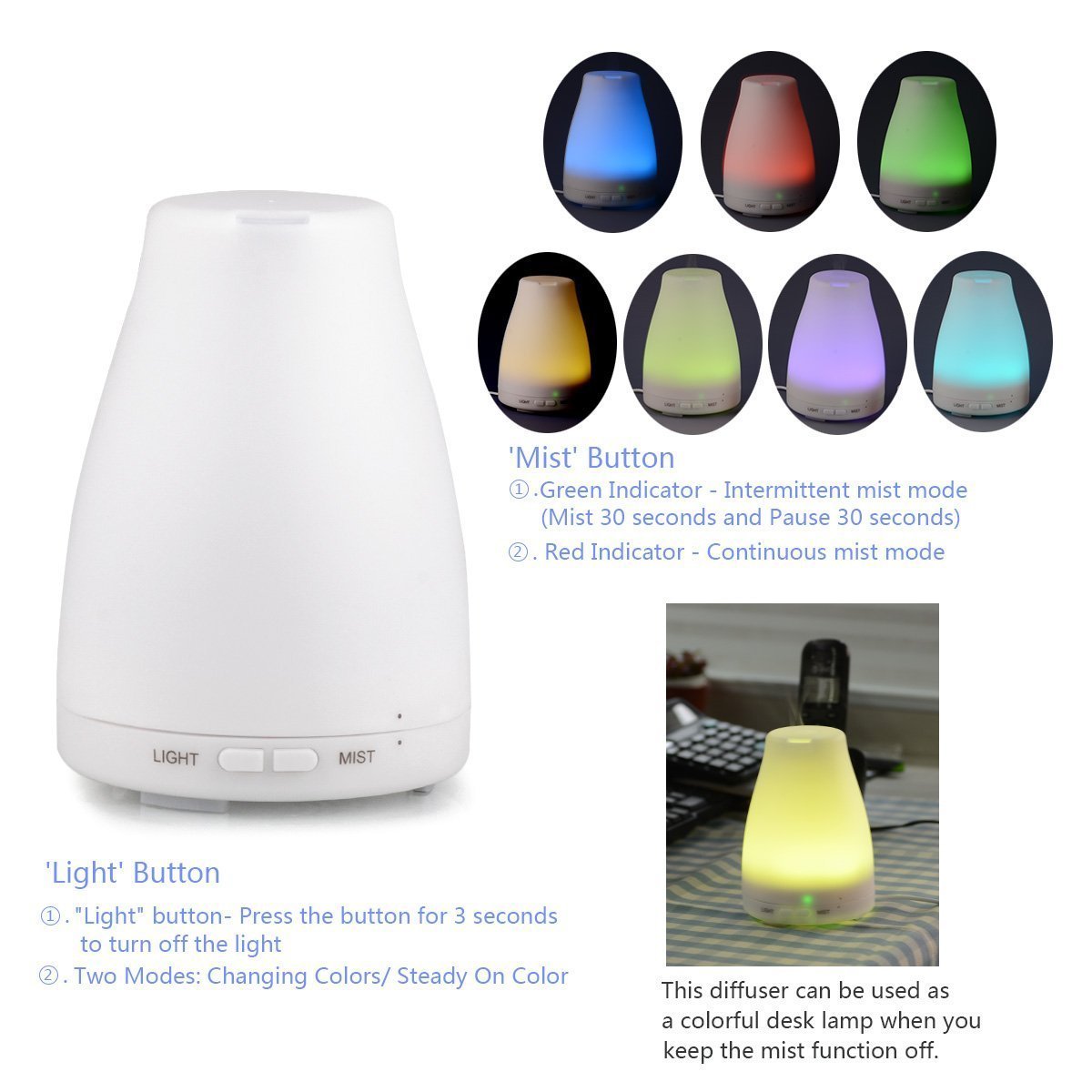 AGPtek Oil Aromatherapy Diffuser Ultrasonic Humidifier with 7 Color Changing LED Waterless Auto Shut-off - image 5 of 7