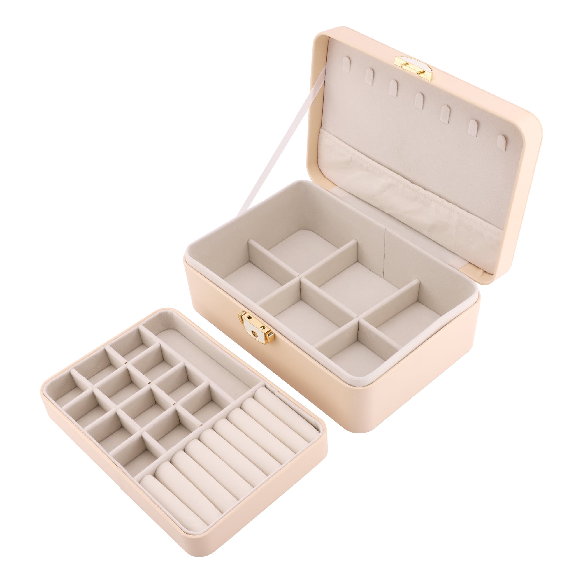 Unique Bargains 2 Layer PU Leather Jewelry Box Organizer Holder for Women Beige