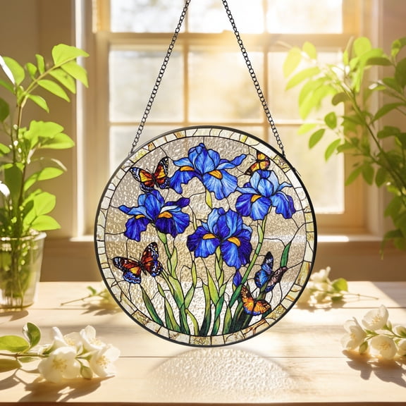 KuphiL10C Purple Floral Suncatchers for Windows, Butterfly Stained Glass Window Hanging, Flowers Sun Catchers with Metal Chain and Hook, Wall Art Home Decor, Birthday Gifts