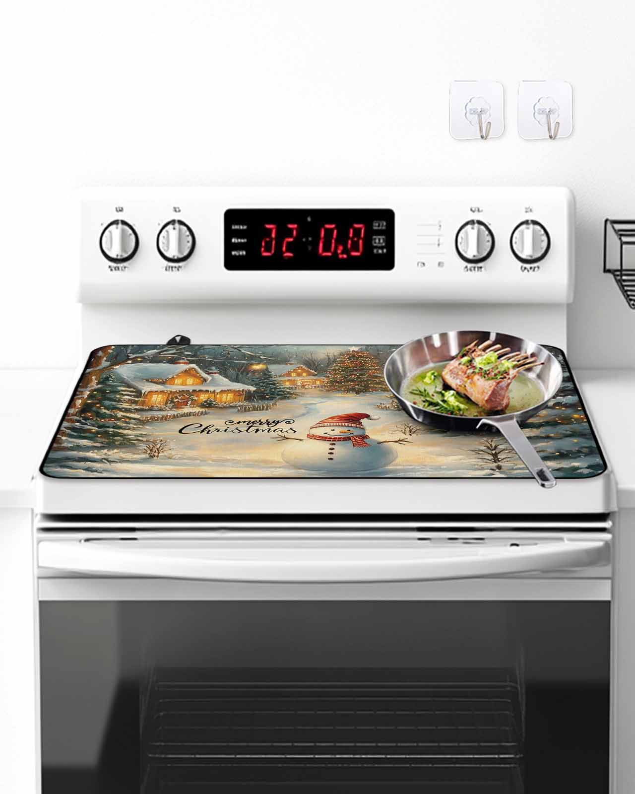 Christmas Snowman Stove Top Covers for Electric Stove, 28'x20'' Xmas Tree Rustic Farmhouse Glass Ceramic Stove Cover Foldable Rubber Mat Heat Resistant Cooktop Protector for Kitchen