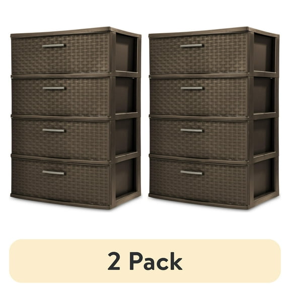 (2 pack) Sterilite 4 Drawer Wide Weave Tower, Plastic Décor Drawers with Pull Handles, Brown