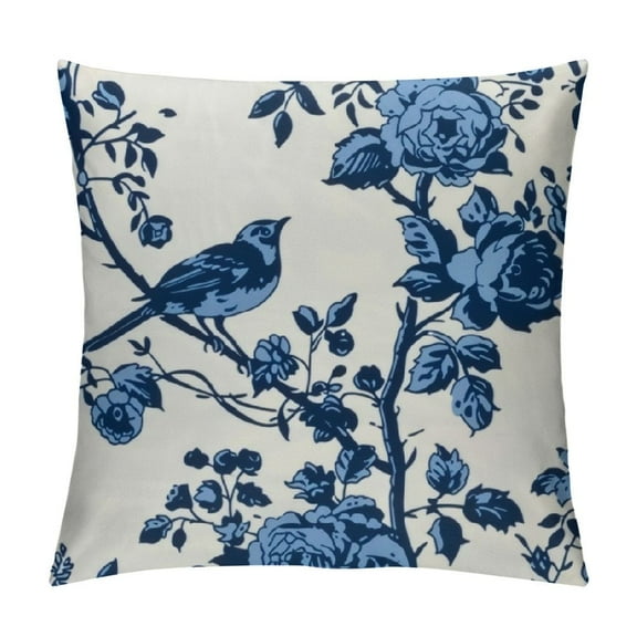 Fenyluxe Blue and White Floral Throw Pillow Covers Navy Blue Watercolor Flower Bird Decorative Pillow Covers Vintage Square Cushion Cover for Home Couch Sofa Bedding Decor 12x12in