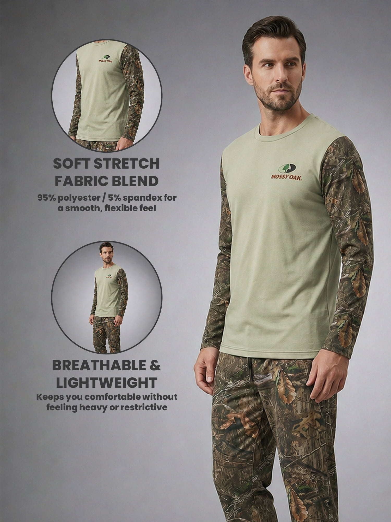 Mossy Oak Men's Pajamas 2-Piece Super Soft Long Sleeve Top and Pant Set, Camo Grey, XL