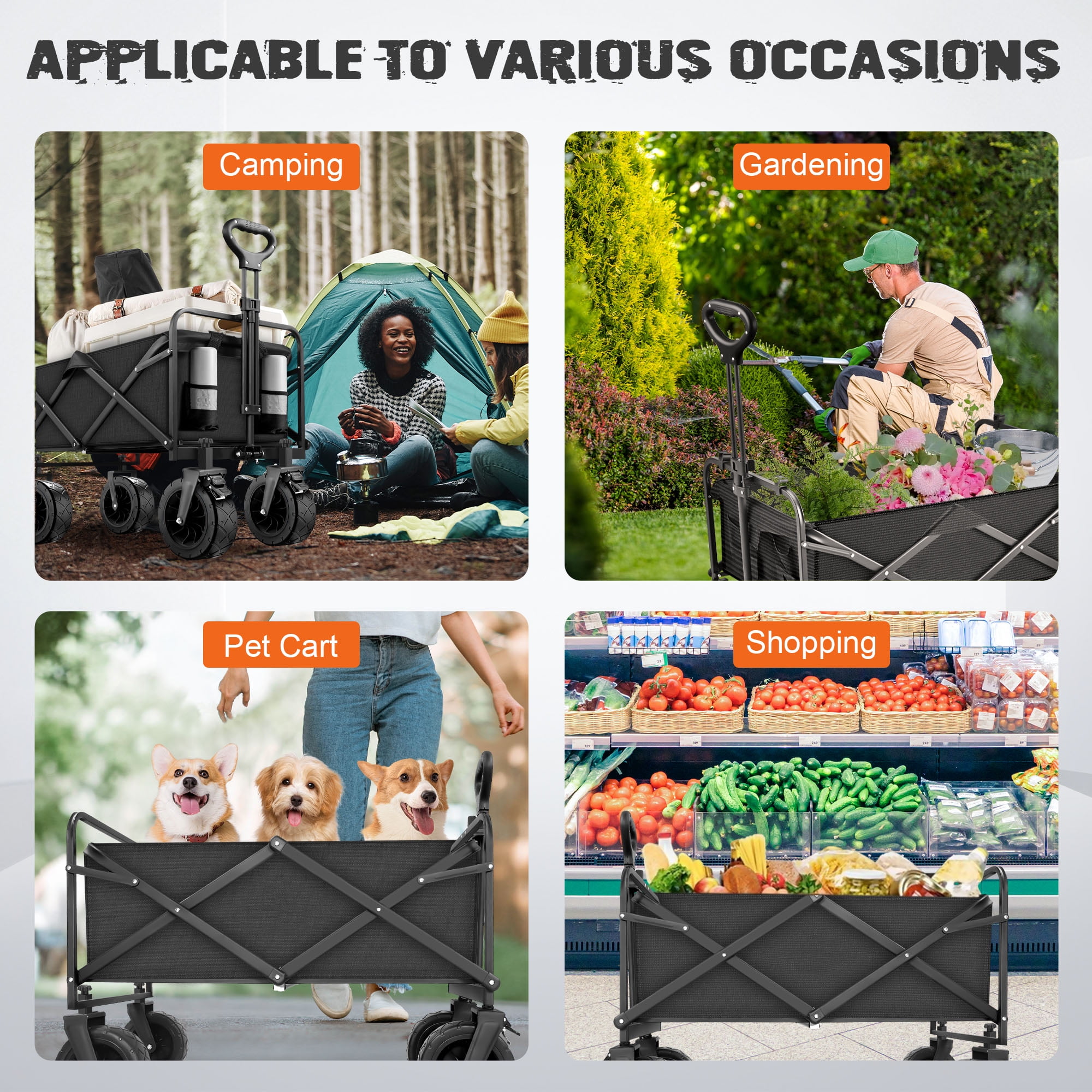 Qunler 560lbs Collapsible Folding Wagon, Big Bucket Beach Cart,  Heavy Duty Large Capacity Garden Wagon with Multi-Terrain Brake Wheels for Outdoor Camping, Shopping, Sports, Grocery, Kids, Black