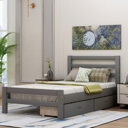 Sanviglor Twin Beds Platform Bed No Box Spring Needed Wooden Space-Saving Multifunctional Furniture Bedroom Home Gray Twin