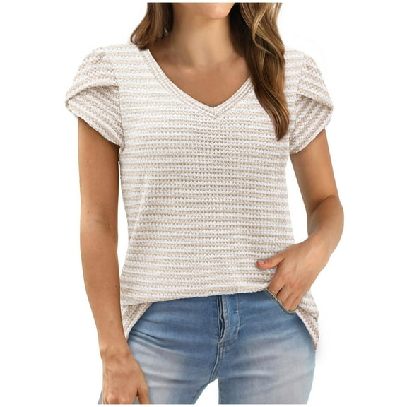 Women's V-Neck Loose Knitted Sweater, Casual Short Sleeve Pullover, Solid Color Waffle Knit Top, Soft and Comfortable for Summer, Lightweight Fashion Sweater for Work, Travel, or Daily Wear