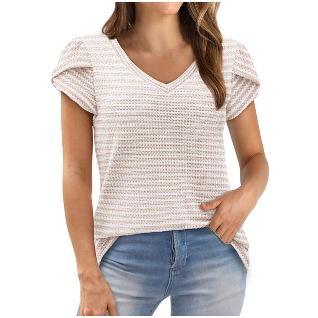 Dealovy Tunique pour Femmes T-Shirts d'Été Décontractés Amples Col en V Manches Courtes Texturées