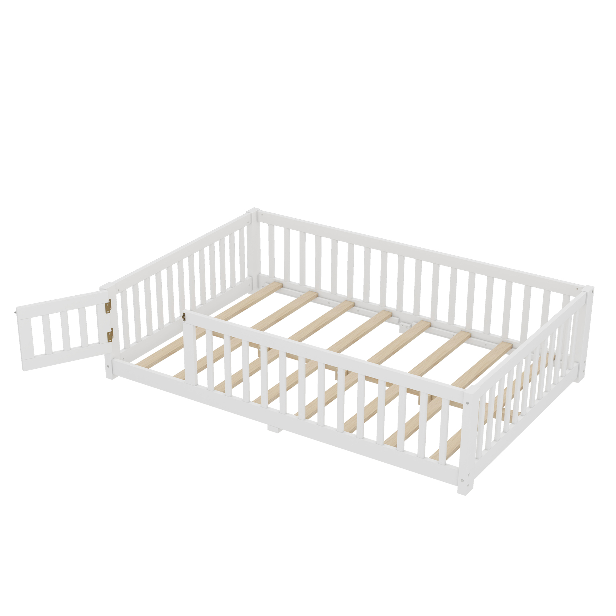 Jopath Full Size Floor Bed Frame,Montessori Bed with Guardrails and Door,with Slatted Base,for Kids,Boys,Girls,White