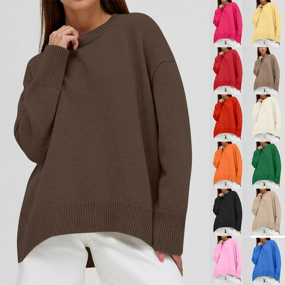 HAPIMO Women's Loose Ribbed Sweaters Tops Fashion Crew Neck Sweatshirts Fall Long Sleeve Cotton Lined Tees Casual Knitted Workout Solid Color Blouses Black OneSize
