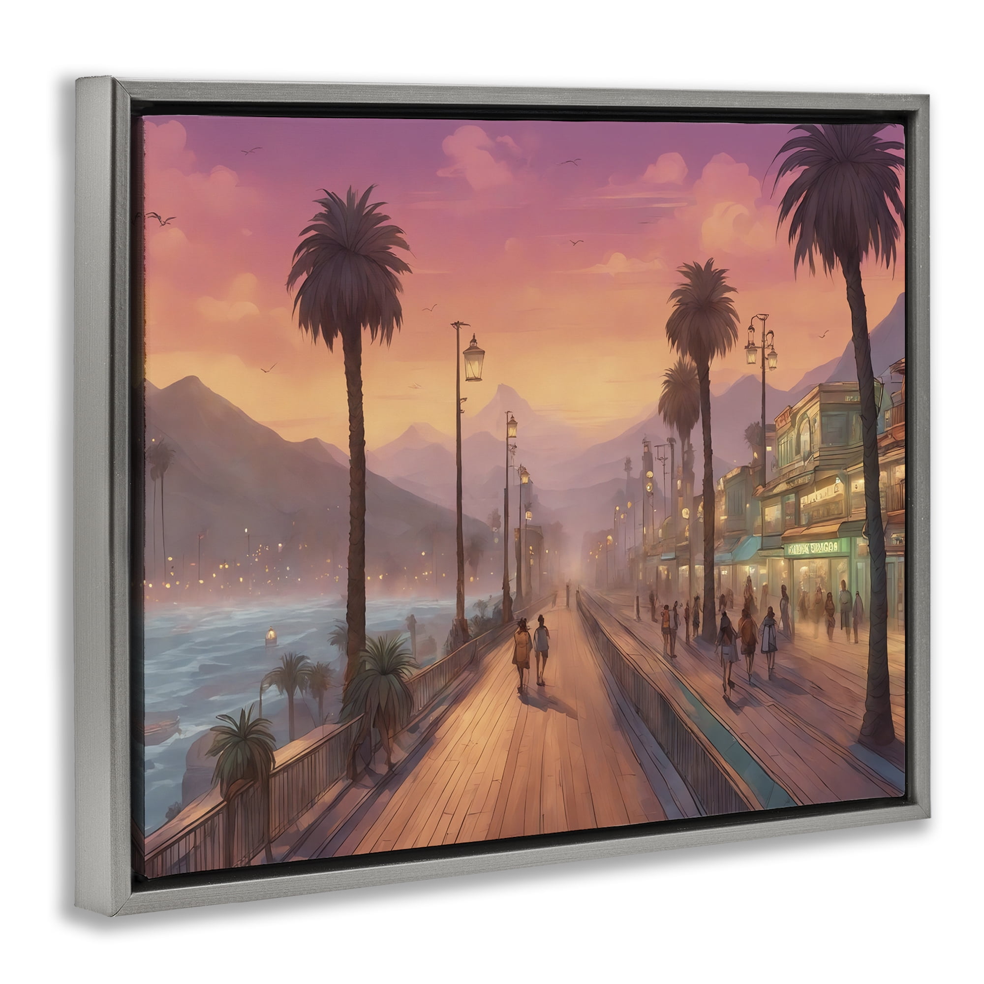 Stupell Industries Busy Tropical Boardwalk Landscape & Nature Painting Gray Floater Framed Canvas Art Print Wall Art, 21 x 17