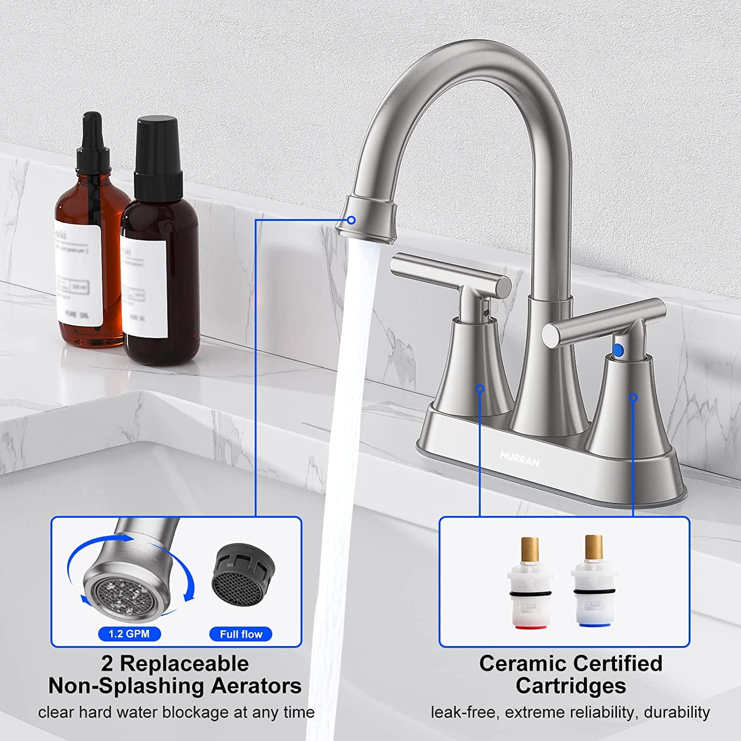 Bathroom Faucets for Sink 3 Hole, Hurran 4 inch Brushed Nickel Bathroom Sink Faucet with Pop-up Drain and Supply Lines, Stainless Steel Centerset Faucets for Sink Vanity