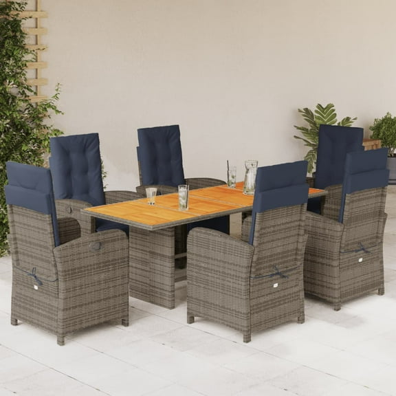 vidaXL 7 Piece Patio Dining Set with Cushions Gray Poly Rattan