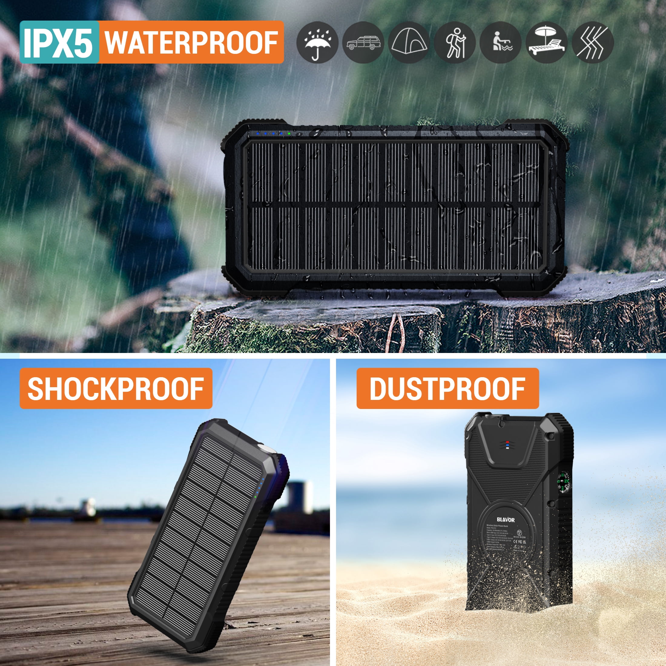 JTDD Solar Charger Power Bank, PD 18W Fast Charging 20000mAh Battery , Portable Solar Powered USB C Charger with Camping Flashlight Compass Carabiner for Cell Phone