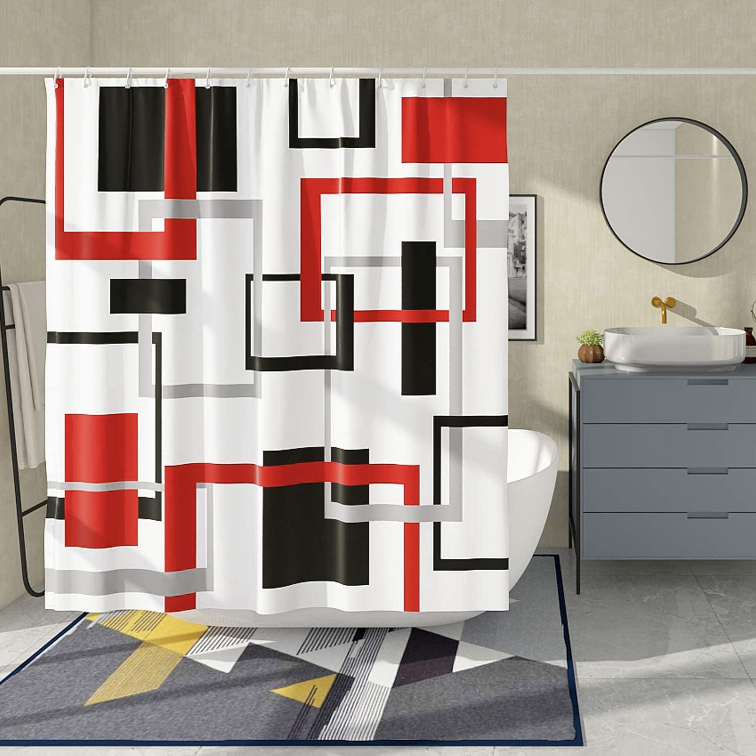 Red Black Geometric Shower Curtain Set Neutral Abstract Shower Curtains for Bathroom Modern Bathroom Decor Polyester Fabric-72" x 72"