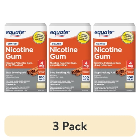 (3 pack) Equate Nicotine Polacrilex Coated Gum 4 mg, Cinnamon Flavor, Stop Smoking Aid, 100 Count
