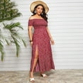 thumbnail image 4 of Fesfesfes Plus Size Dress for Women Off the Shoulder Short Sleeve Boho Dress Shirred Bodice Splicing Floral Print Summer Dress High Slit Oversize Beach Long Dress, 4 of 9