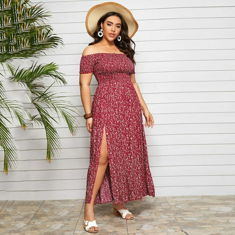 Womens Plus Size Dresses Short Sleeve Tiered Solid Summer Casual Long Dress