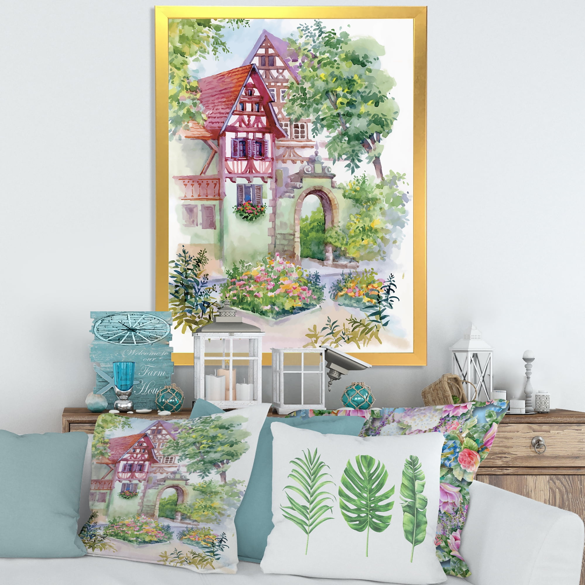 Designart 'Red Rustic House In The Country Side Landscape' Traditional Framed Art Print