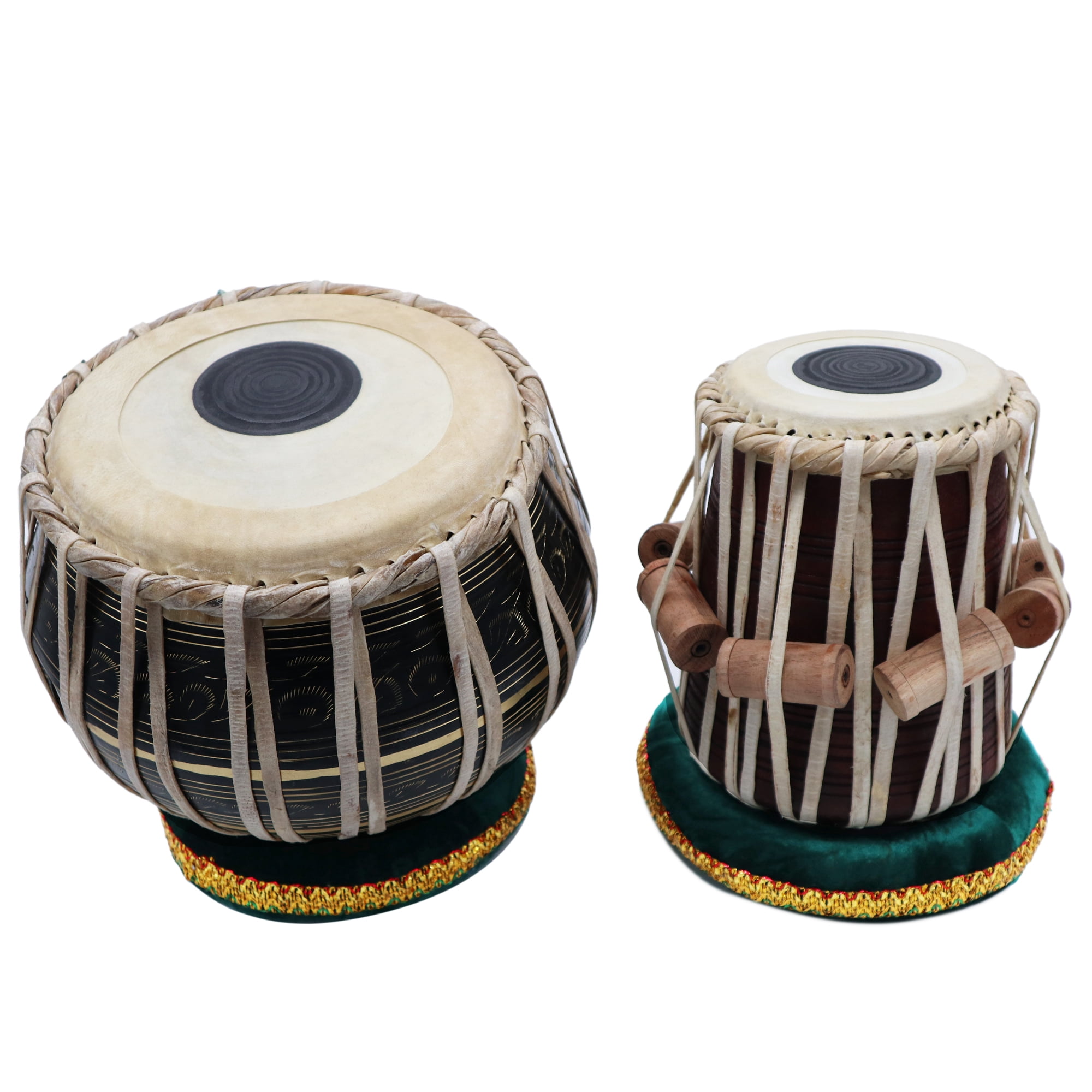 Zaza Percussion - Indian Tabla Drum Set - Brass Bayan Tabla Drum Set, Finest 5.5 Wood Dayan with Book, Hammer, Tabla Cushions and Cover - Indian Musical Instrument