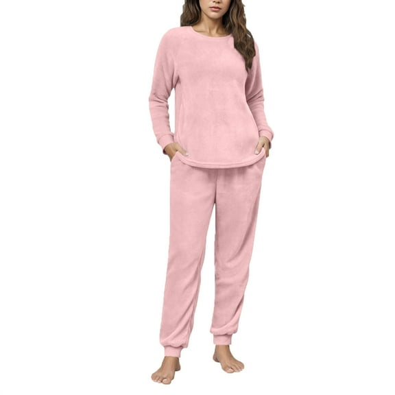 ZQUUVOU Women's Fuzzy Pajamas Set Plaid Winter Warm Plush Fleece 2 Piece Set Tops and Pants with Pocket Pink B