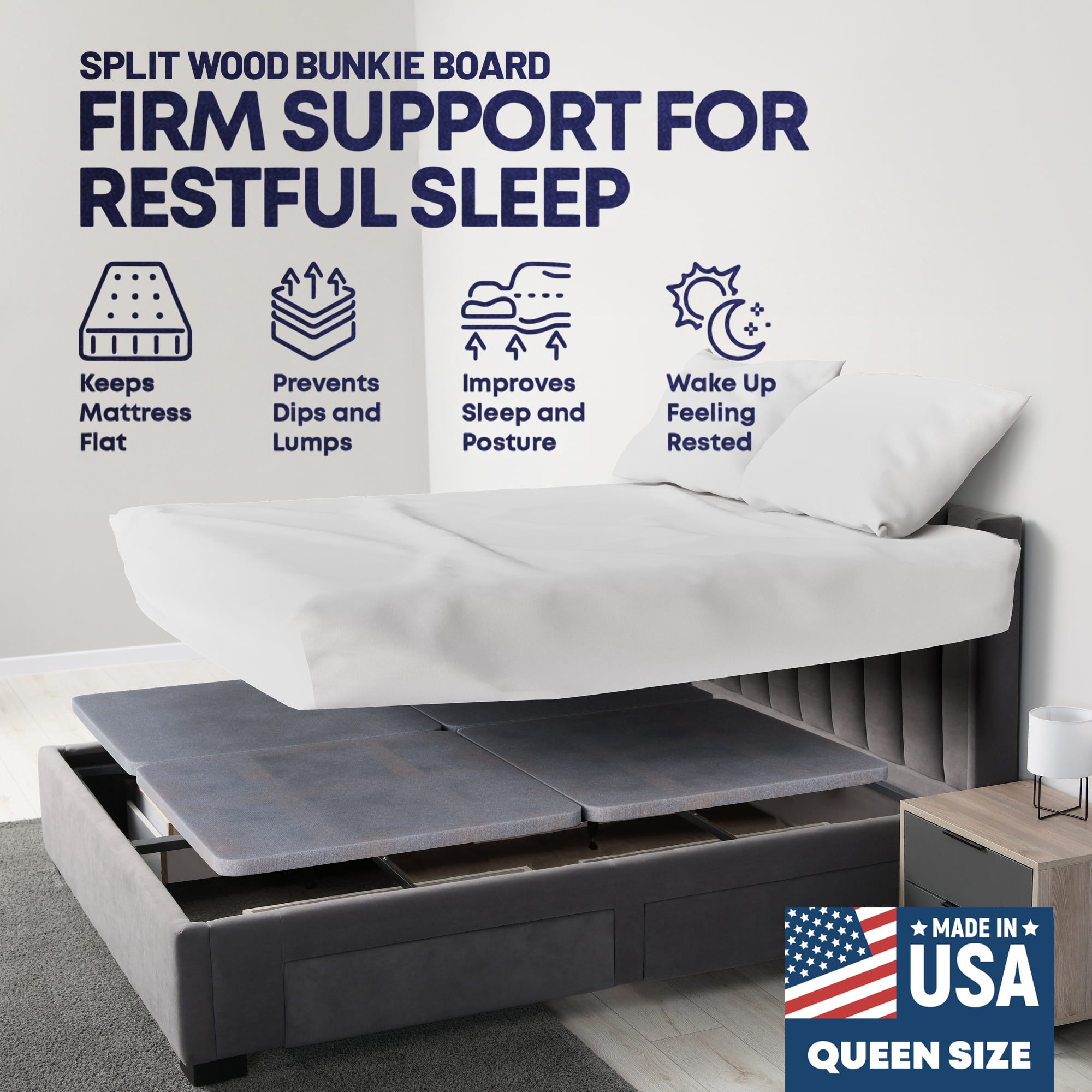 Continental Sleep, 1.5" Split Wood Bunkie Board Queen Size Bed, 4-Piece Under Mattress Support, Fully Assembled, Fabric Ventilation Cover-Replaces Wooden Slats or Box Spring for Bed Frames