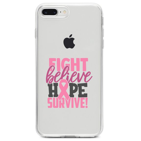 DistinctInk Clear Shockproof Hybrid Case for iPhone 7 PLUS / 8 PLUS (5.5" Screen) TPU Bumper Acrylic Back Tempered Glass Screen Protector - Pink Ribbon Cancer - Fight Believe Hope Survive