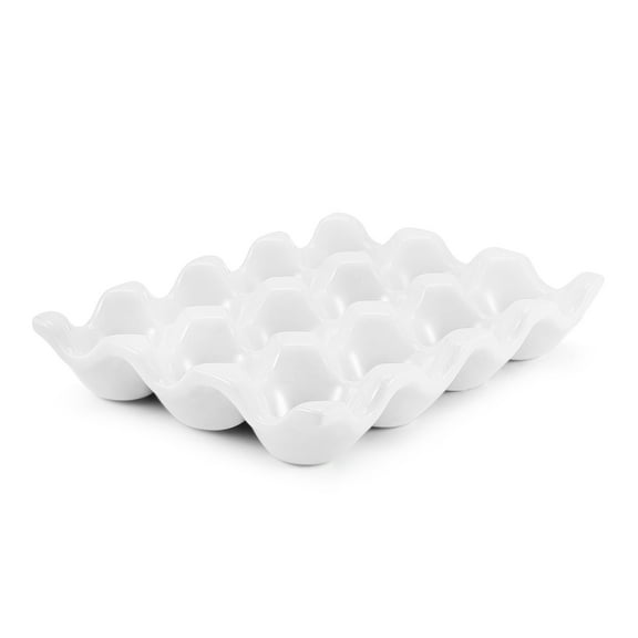 Ceramic 12 Cups Egg Tray - Whole Dozen Porcelain Egg Holder Container Keeper Storage Organizer Decorative Serving Dish Plate Stand Serveware for Refrigerator Fridge Countertop Display Kitchen (White)